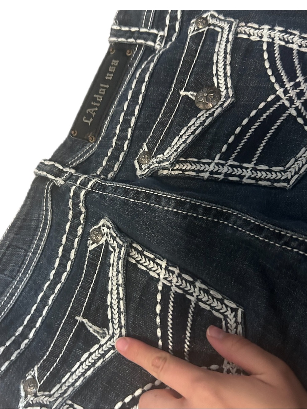 LA IDOL Jeans Dark Blue Flared Women's denim Vintage White Contrast Stitching - Picture 5 of 7